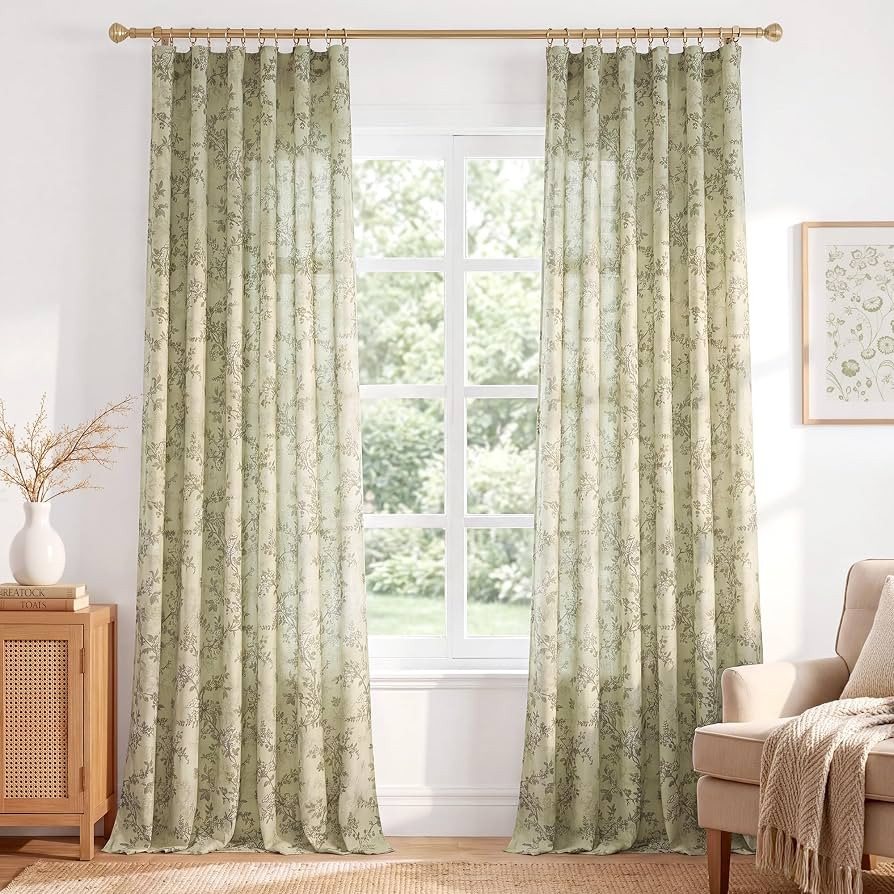 Sage Green Linen Floral Curtains, W52 x L84, 2 Panels | Amazon (US)