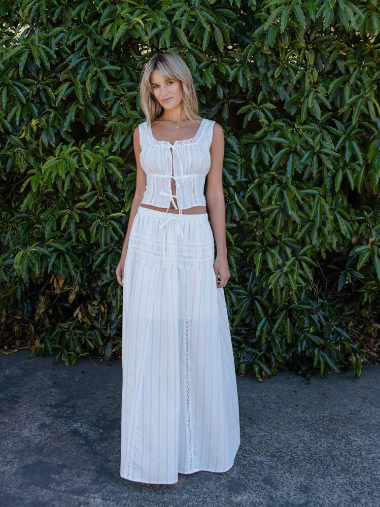 Aralina Prairie Style Lace Trim Woven Maxi Skirt | SHEIN