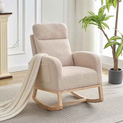 Rocking Chair Nursery, Modern Upholstered Glider Rocker with Side Pocket, High Backrest Padded Seat Accent Armchair for Nursery, Bedroom, Beige | Target