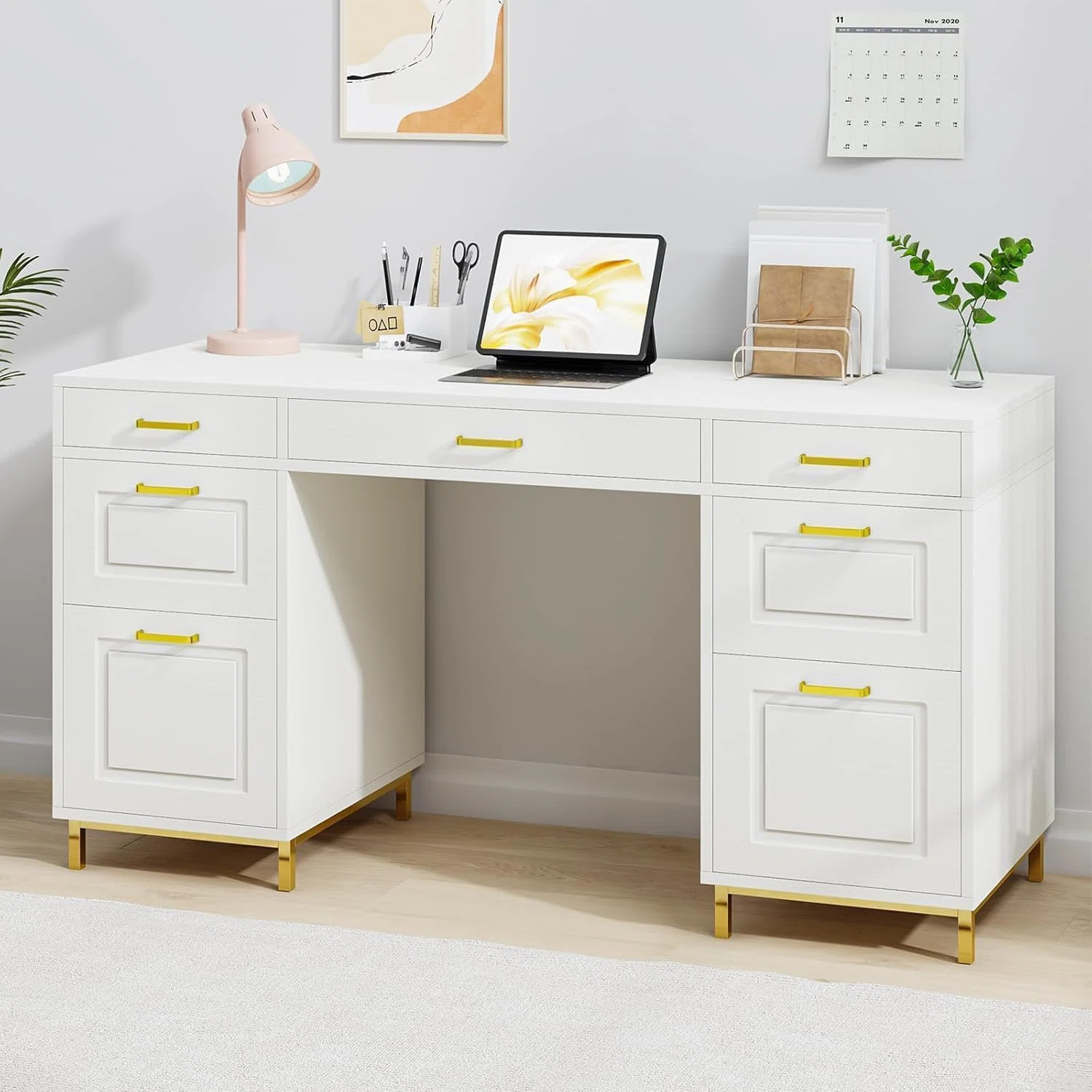 Computer Desk with 7 Drawers, 57 Inch Home Office Desk with File Drawers,Executive Desk with Gold... | Wayfair North America