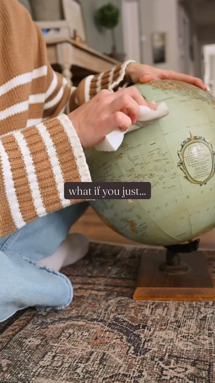 a lovely little reminder that your vintage stuff can always use a little tlc 🤎🌾 this globe was basically begging for a scrub down!

quite consistently I am changing up where the globe goes. sometimes it’s in storage. other times it’s out and on display. I love the questions it generates from onlookers, conversations and geographically inspired dreams! who else played the game where you spin the globe and see where your finger lands? 

vintage globe decor, vintage decor, thrifting finds, antique home decor, antique decor