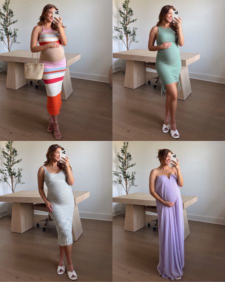 top: striped dress: xs // green mini: xs (not enough stretch for a preggo, size up) //// bottom: crochet dress: xs (not enough stretch for preggo, size up) // purple dress: xs // shoes: run true to size // (5’3 and about 33 weeks preggo)