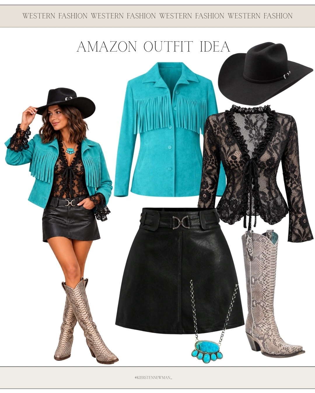 Turquoise is always a good idea for NFR! 🩵🤠 This statement fringe jacket paired with a black lace blouse, leather mini skirt, and snakeskin cowboy boots is giving major rodeo glam! Finish with turquoise jewelry for the perfect pop of color.

#NFR2026 #NFRoutfitideas #TurquoiseJewelry #WesternFashion #CowgirlOutfit #RodeoFashion #WesternGlam #AmazonFashionFinds #LTKStyle #ShopLTK