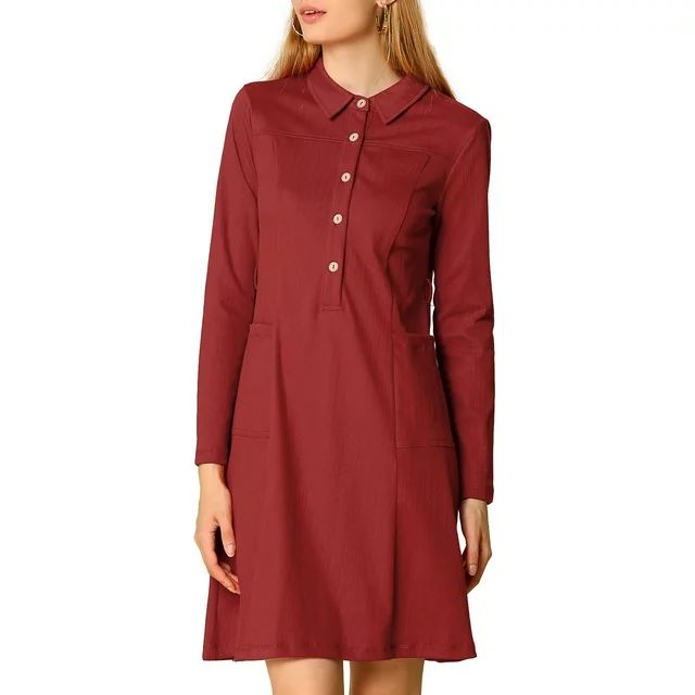 Unique Bargains Women's Half Placket Long Sleeve Belted Dress with Pockets | Walmart (US)