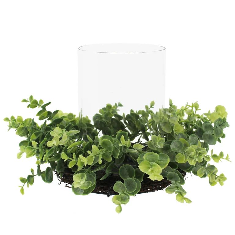 Mainstays Glass Hurricane Candleholder with Green Faux Eucalyptus and Rattan Ring | Walmart (US)