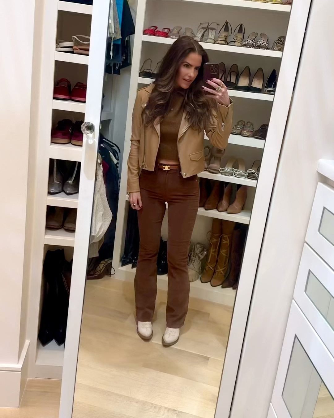 #gno look or gameday ready fit🤎
shop everything here you cannot go wrong w brown this season! 

pants run slightly big i sized down to a 25 & leather jacket runs small wearing a US 6 & boots tts wearing an 8! 

#LTKShoeCrush #LTKWatchNow #LTKStyleTip