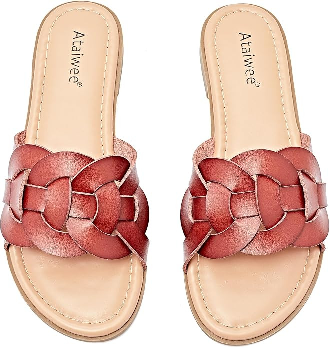 Ataiwee Women's Flat Slide Sandals - Ladies Casual Slip On Criss Cross Strap Summer Shoes. | Amazon (US)