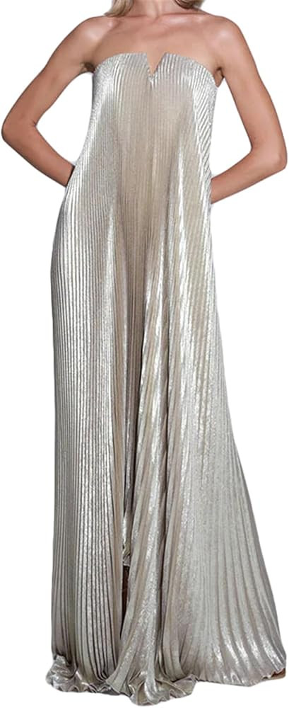 Qikaka Women's Sleeveless Off Shoulder Satin Pleated Ruffles Bodycon Sexy Nightclub Party Dress | Amazon (US)