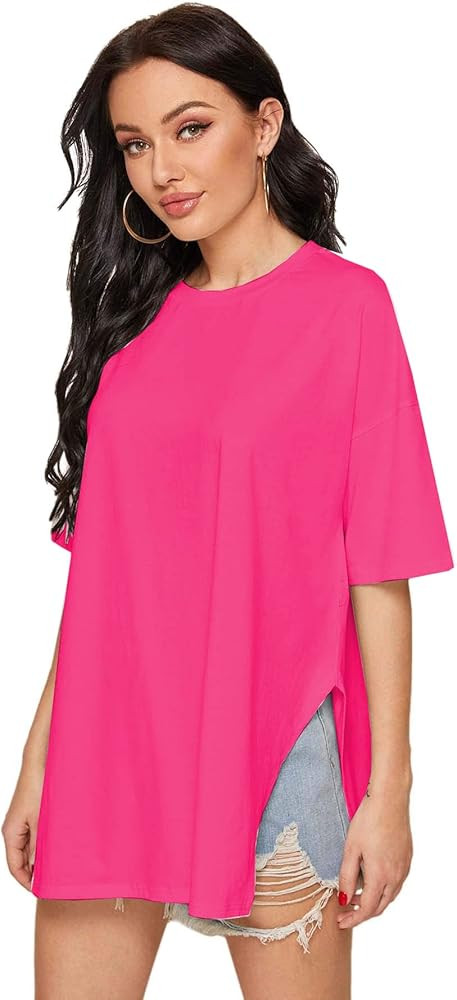 Floerns Women's Oversized T shirts Summer Casual Short Sleeve Side Slit Loose Tee Tops | Amazon (US)