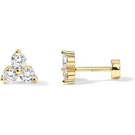 PAVOI 14K Yellow Gold Plated Solid 925 Sterling Silver Post Cubic Zirconia Flat Back Earrings for Women | Cartilage Earring | Helix Piercing Jewelry | Small Trinity Stud Earrings | Walmart (US)