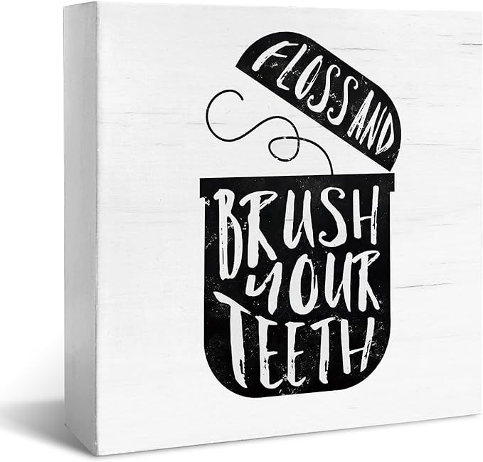 Funny Bathroom Decor for Shelves Floss And Brush Your Teeth Wood Box Sign 5x5 Inch, Toilet Counte... | Amazon (US)