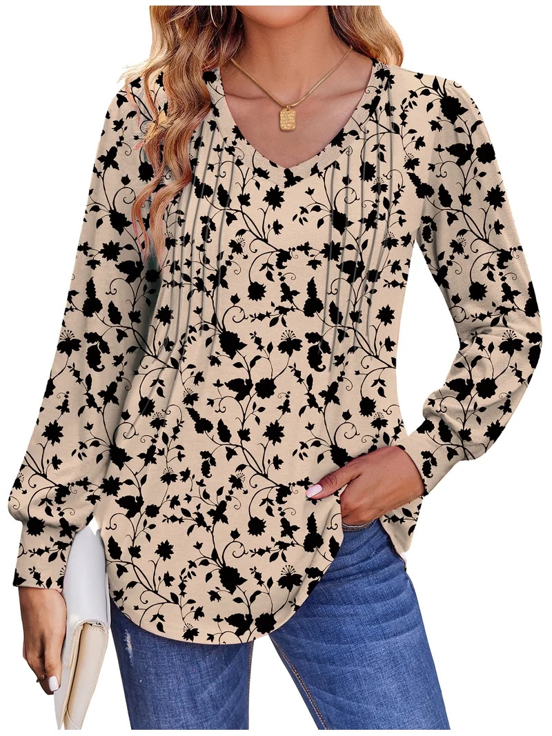 Fantaslook Long Sleeve Shirts for Women Fall Tops Dressy Casual Blouses Pleated V Neck Tunic Tops | Walmart (US)