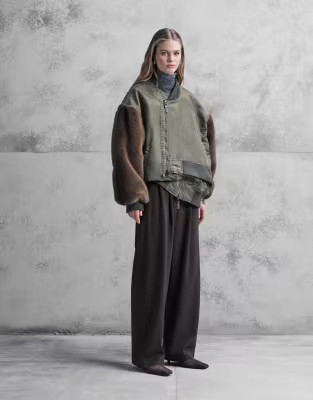 ASOS DESIGN DECON 2.0 faux fur sleeve bomber jacket in khaki | ASOS (Global)