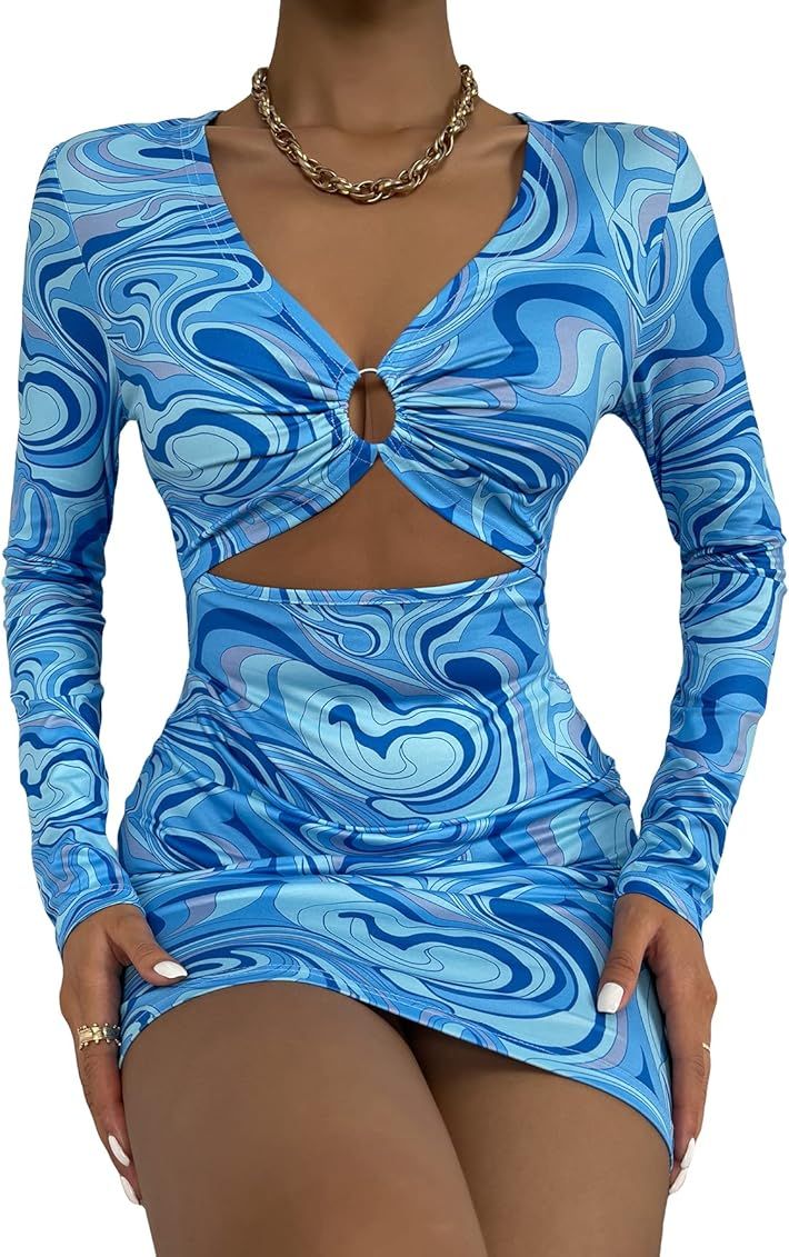 WDIRARA Women's Marble Print Long Sleeve V Neck Cut Out Ring Bodycon Mini Dress | Amazon (US)