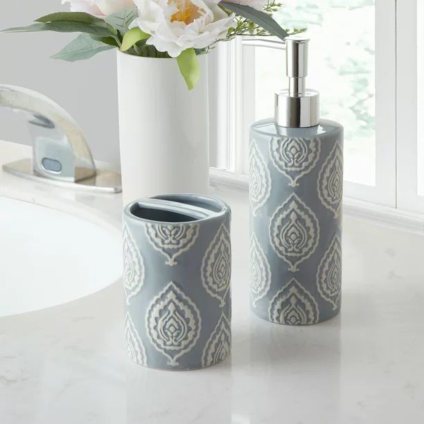 My Texas House Channing 12 oz. Ceramic Embossed Damask Soap Pump, Grey | Walmart (US)