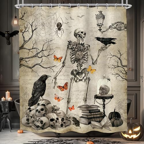 Skull Gothic Skeleton Vintage Spooky Crow Tree Bathroom Shower Curtain Set | Amazon (US)