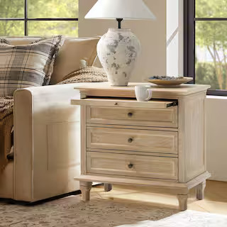 JAYDEN CREATION Julia Natural 27 in. H Traditional 3-Drawer Solid Wood Legs Nightstand with Charg... | The Home Depot