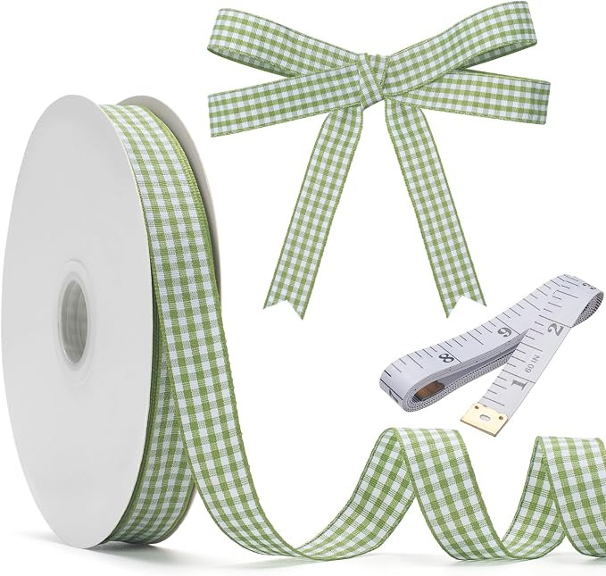 Moss Green and White Gingham Ribbon, 5/8" x 50 Yd Roll Picnic Craft Green Buffalo Ribbon 100% Pol... | Amazon (US)