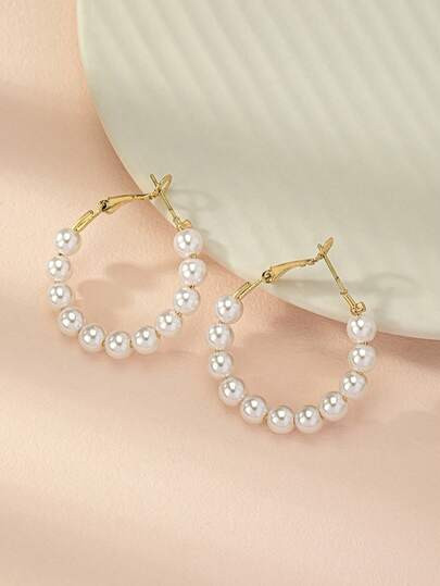 1 Pair Fashion Elegant Bohemian Style Pearl Hoop Earrings | SHEIN