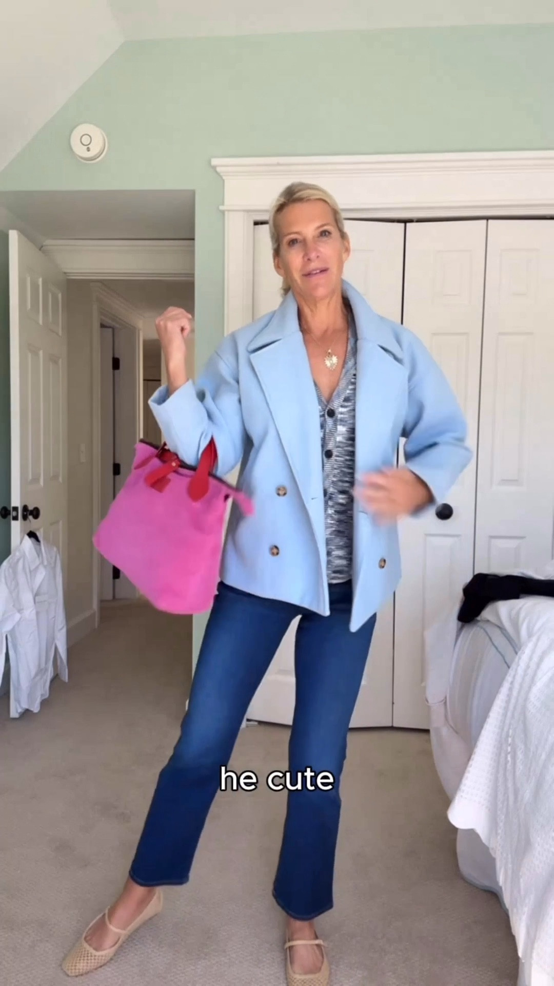 Blue blazer outfit with jJeans and statement pink bag.

#LTKootd #LTKOver40