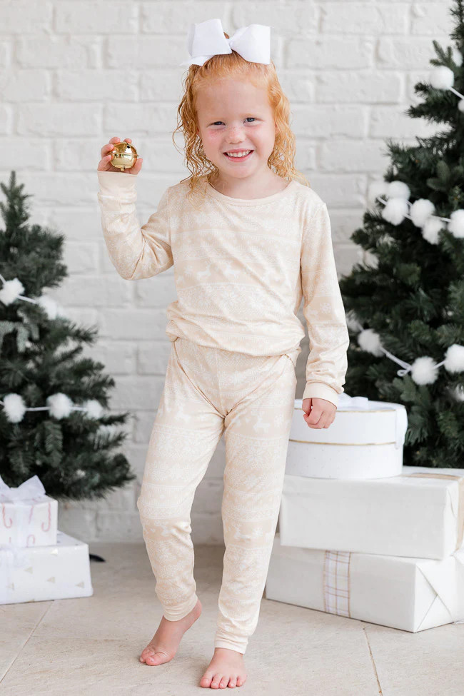 Snowy Days Kids Beige and Ivory Fair Isle Pajama Set | Pink Lily