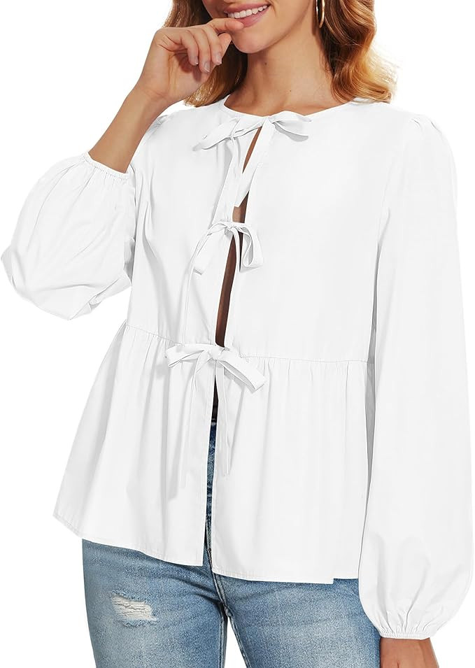Tie Front Tops for Women Puff Long Sleeve Shirt Peplum Hem Cute Babydoll Blouse Y2k Going Out Top... | Amazon (US)