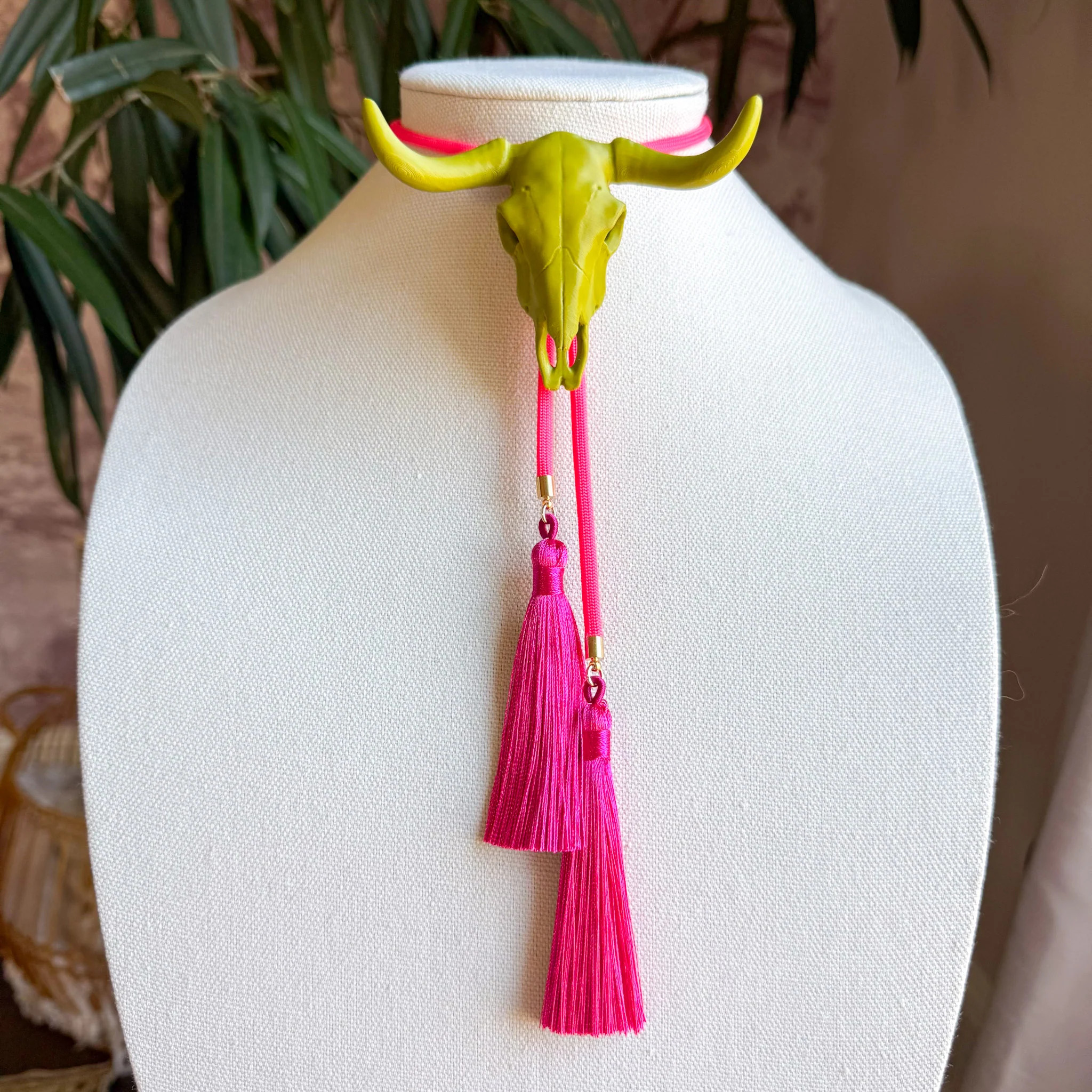 Longhorn Bolo Olive Green with Neon Pink & Fuchsia | Rahya Jewelry Design
