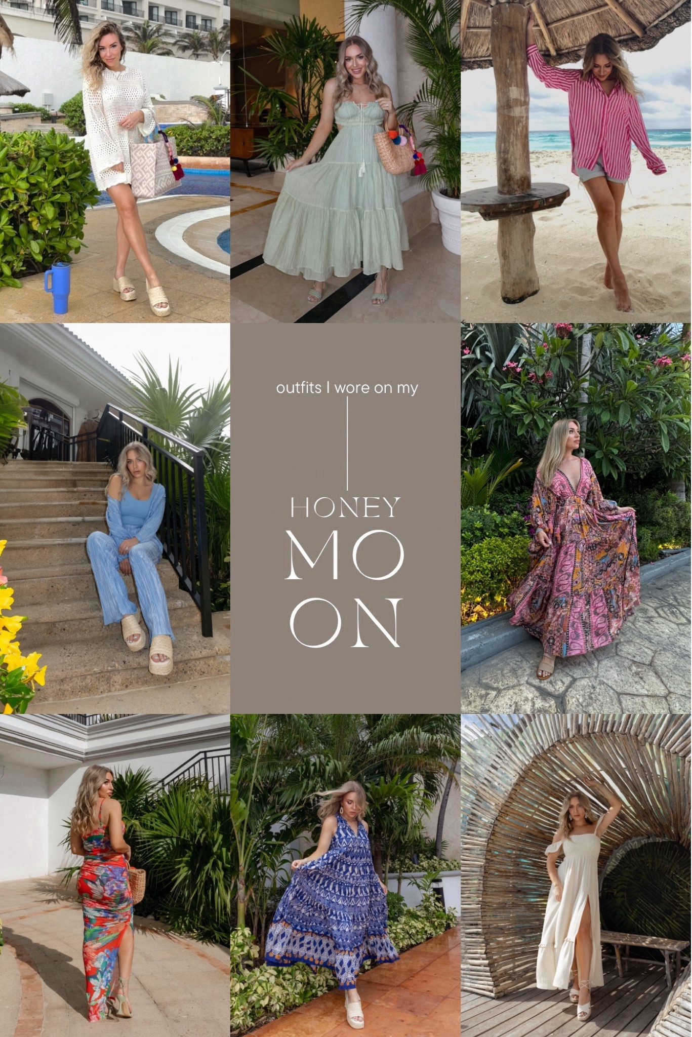 ↖️Top left: Medium in swim coverup, medium in swimsuit 
⬆️Top middle: XS in dress
↗️Top right: Large in top, 4 in shorts 
⬅️Middle left: Small in 2 piece set, XS in bodysuit
➡️Middle right: dress from @aiala_tulum
↙️Bottom left: XS SHEIN, linked similar
⬇️Bottom middle: XS Anthropologie, linked similar
↘️Bottom right: dress from HILL X SARAH in size XS