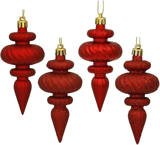 Vickerman 4" Red 4-Finish Finial Ornament - Shatterproof Plastic Christmas Tree Decoration - 8 Pe... | Amazon (US)