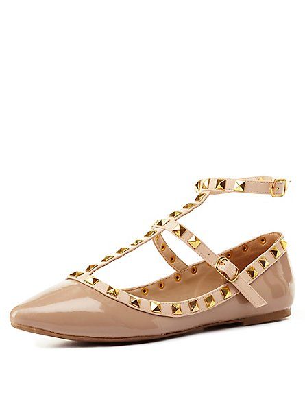Studded Pointed Toe T-Strap Flats | Charlotte Russe