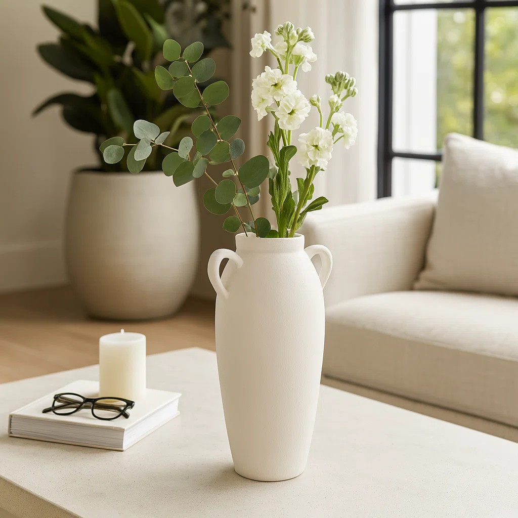 Textured Table Vase Jar With Two Handles for Home Decor - Ceramic Tall Flower Vase for Tabletops ... | Wayfair North America