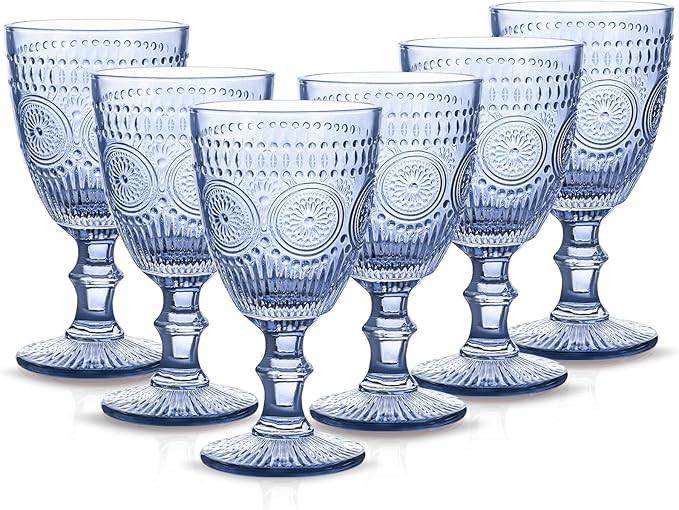 Blue Wine Glasses Set of 6 Vintage Drinkware Water Goblets for Wine or Cocktails Cute Drinking Gl... | Amazon (US)