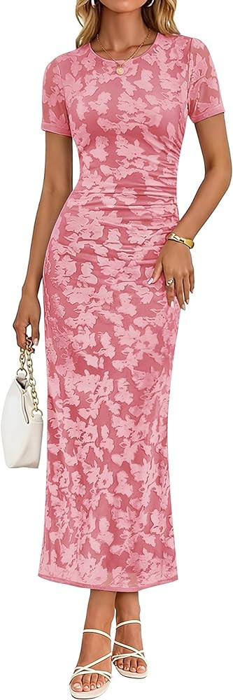 ZESICA Women's 2026 Summer Floral Bodycon Dress Short Sleeve Ruched Mesh Wedding Guest Cocktail P... | Amazon (US)
