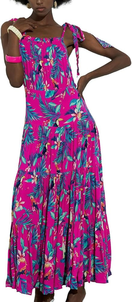 Womens 2025 Summer Pink Floral Maxi Dresses Empire Waist Square Neck Ruffle Tie Straps Casual Bea... | Amazon (US)