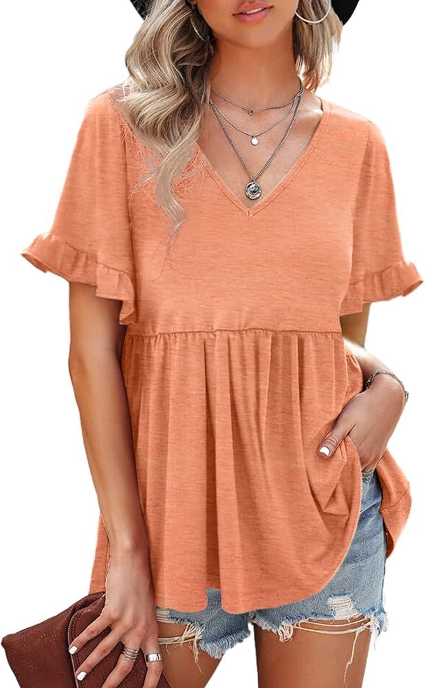 AGSEEM Womens Summer Tops Babydoll Short Ruffle Sleeve V Neck T-Shirts Casual Loose Fit | Amazon (US)