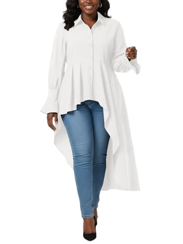 Umenlele Women’s Button Down Long Sleeve Asymmetric Ruffle High Low Hem Blouse Shirt Top White# Small | Amazon (US)