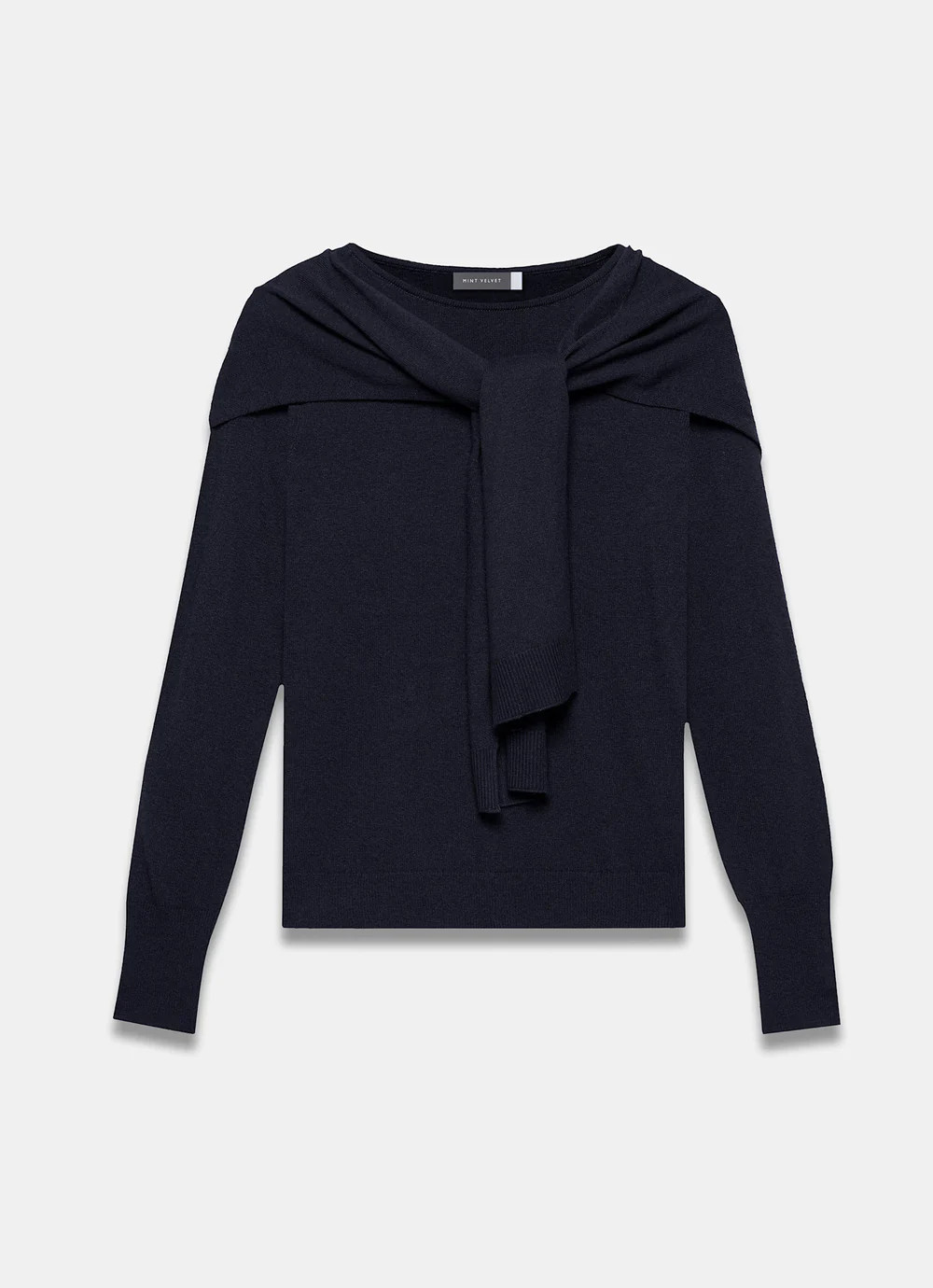 Navy Cotton Blend Scarf Detail Jumper | Mint Velvet