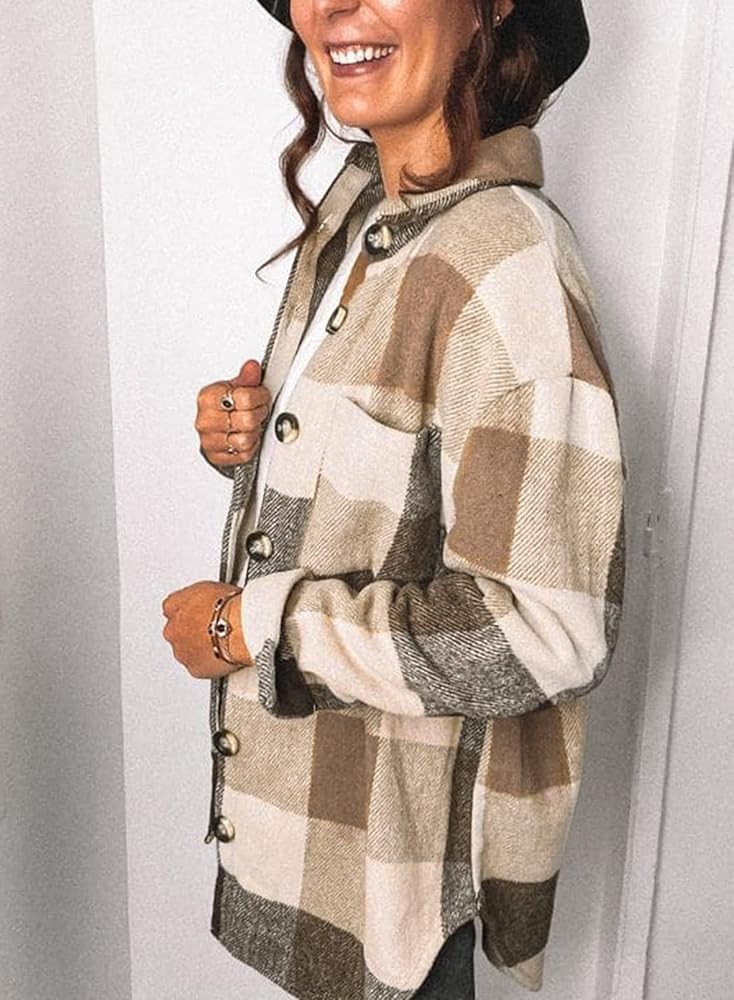 SHEWIN Womens Long Sleeve Plaid Shirts Flannel Lapel Button Down Shacket Jacket Coats | Amazon (US)