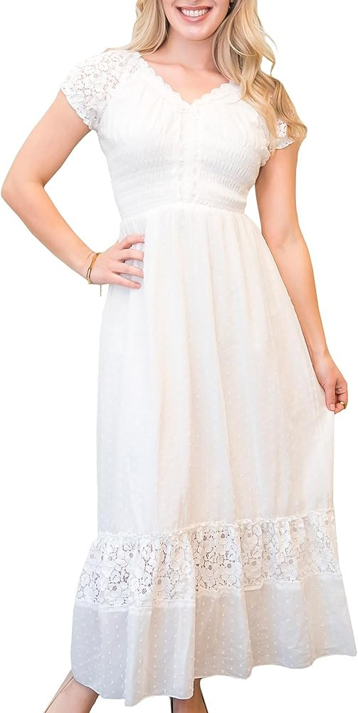 Anna-Kaci Renaissance Peasant Maiden Boho Inspired Cap Sleeve Lace Trim Maxi Dress | Amazon (US)