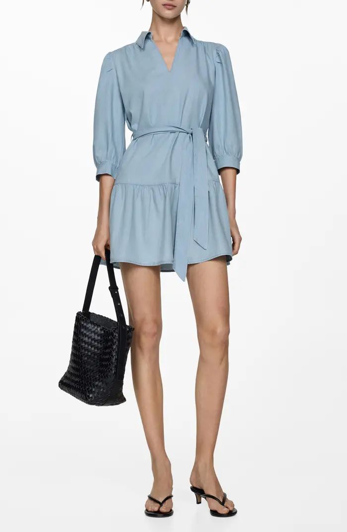 MANGO Puff Sleeve Tie Belt Denim Shirtdress | Nordstrom | Light Blue Dress | Mango Dress | Nordstrom