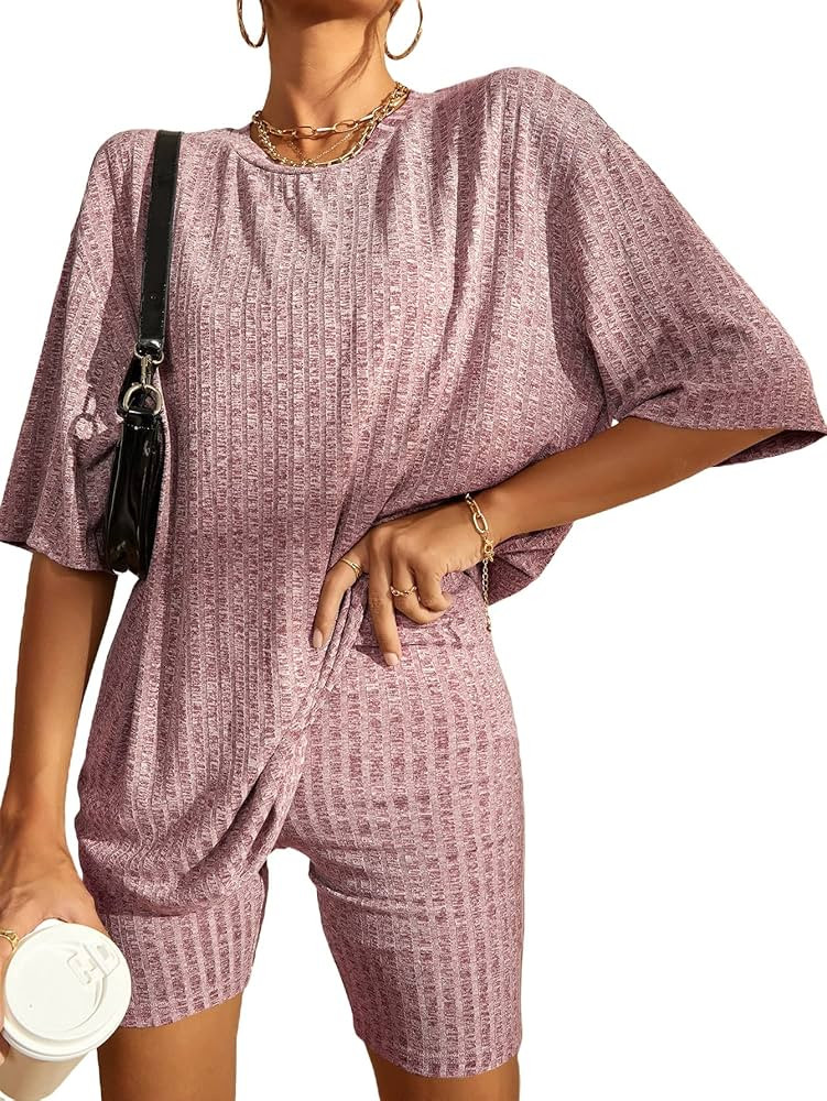 WDIRARA Women's 2 Piece Outfits Ribbed Short Sleeve Drop Shoulder Tee and Shorts Set | Amazon (US)