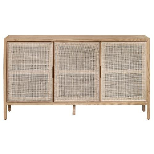 Ronaldo Coastal Beach Natural Oak Wood Woven Rattan 3 Door Sideboard | Kathy Kuo Home