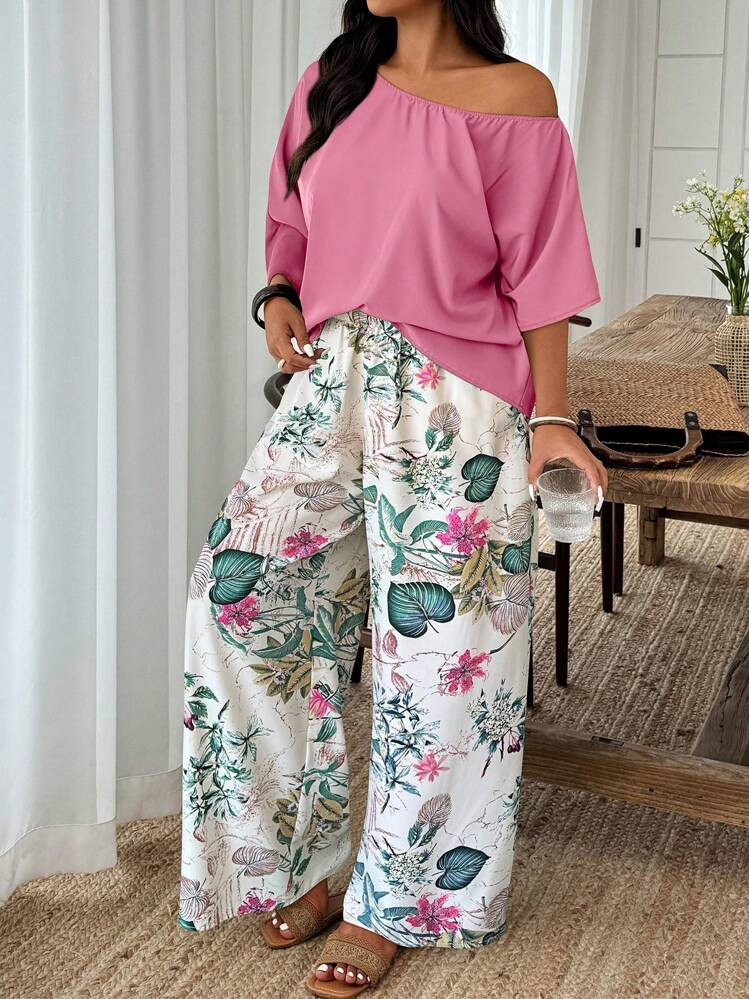 Breezaya Random Print Casual/Holiday Style Plus Size Women's Solid Color Asymmetrical Shoulder Blouse And Tropical Plant Print Pants 2-Piece Set | SHEIN
