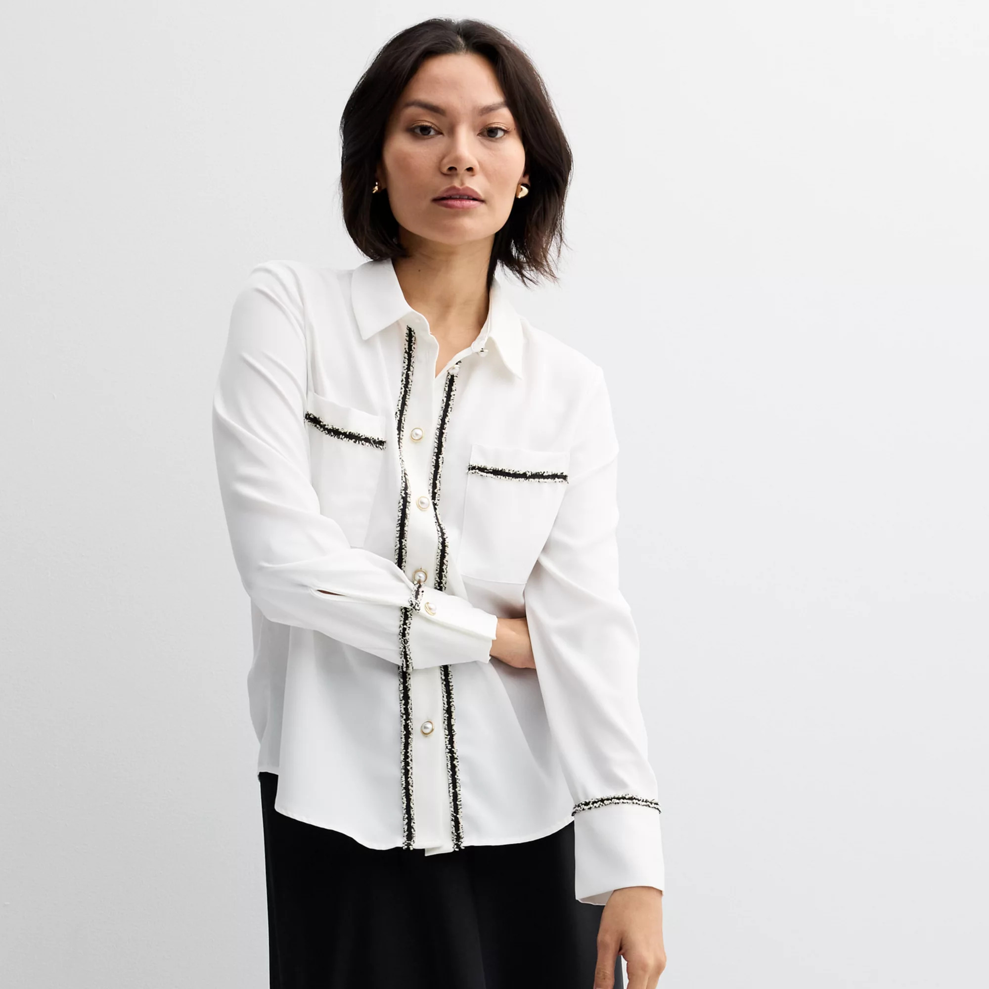 Women's Ellen Tracy Button Front Satin Blouse With Tweed Trim | Kohl's
