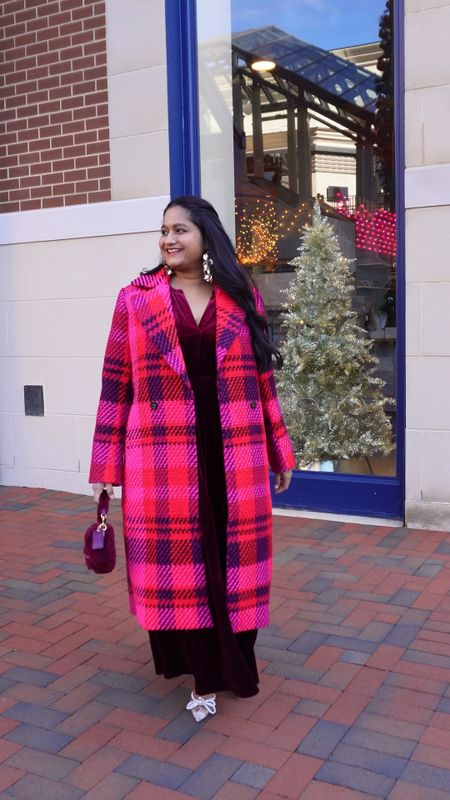 Holiday office party outfit ideas #2 

@anntaylor plaid coat in size S(fits loose don't size up) 
@amazonfashion velvet dress in size M (fits loose) should have got a small 
@amazonfashion clear now heels 
@coach faux fur burgundy bag 

#LTKHoliday #LTKmidsize #LTKparties
