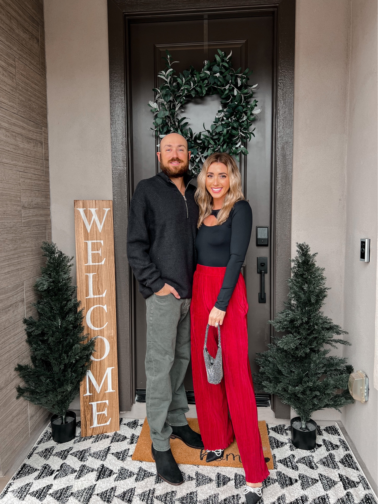 Casual holiday couples outfit!! Jesses top, black faux suede bomber jacket and olive green pants / jeans all run true to size. His boots run tts. 

My black bodysuit and red pants run tts and are perfect for a holiday party!! Heels and bag are an Amazon find  

#LTKmens #LTKstyletip #LTKxAF