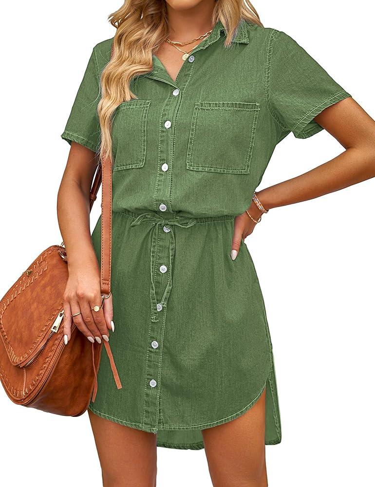 luvamia Women Casual Denim Dress Short Sleeve Tie Waist Classic Jean Shirt Dress | Amazon (US)