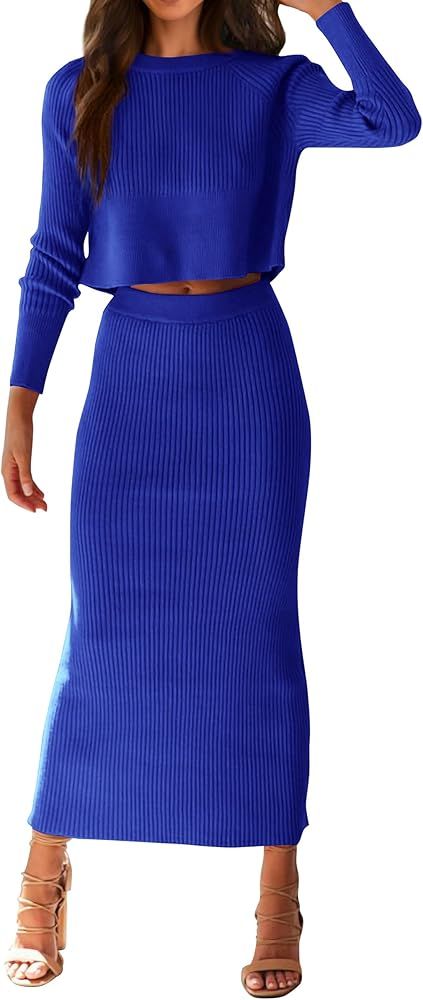 PRETTYGARDEN Women's Winter 2 Piece Sweater Set Rib Knit Long Sleeve Crop Top Maxi Bodycon Skirt ... | Amazon (US)