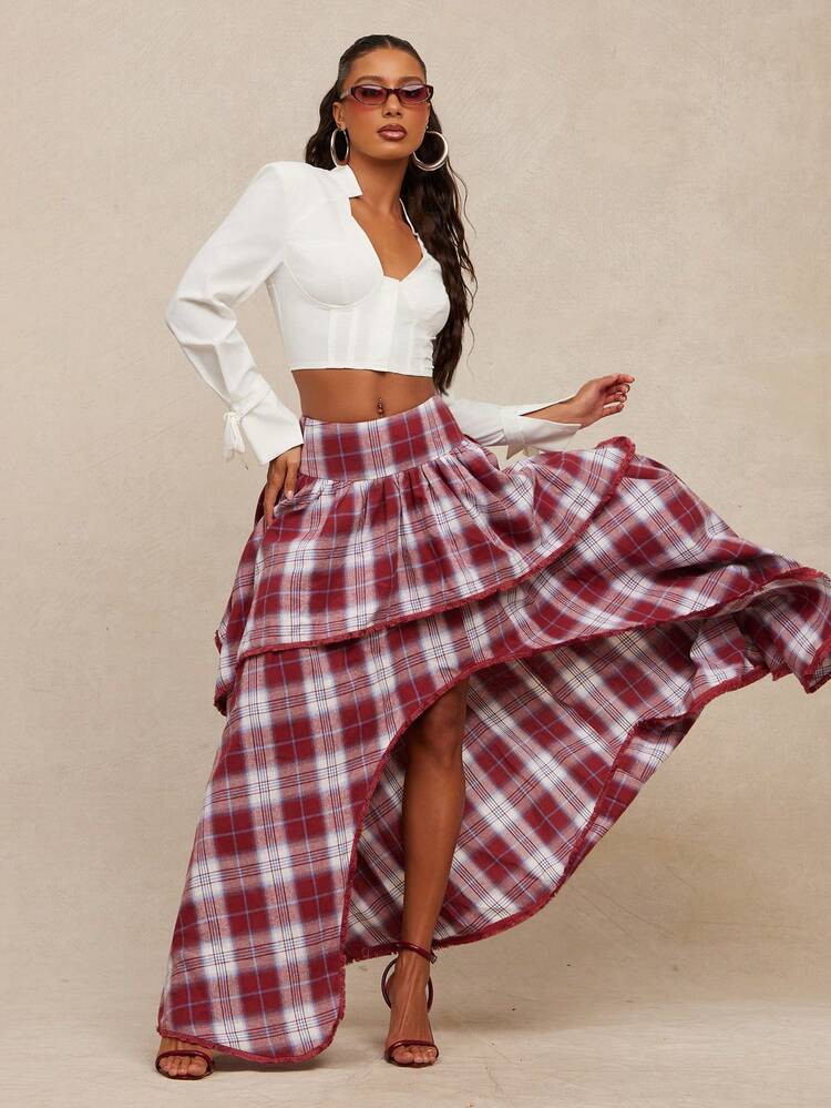 NYA SZN Skirt High Rise Loose Flowy High Low Skirt Two Tier Skirt Winter Spring Pink Plaid Event Party Luxury Elegant Maxi Length Carnival Outfits For Women | SHEIN
