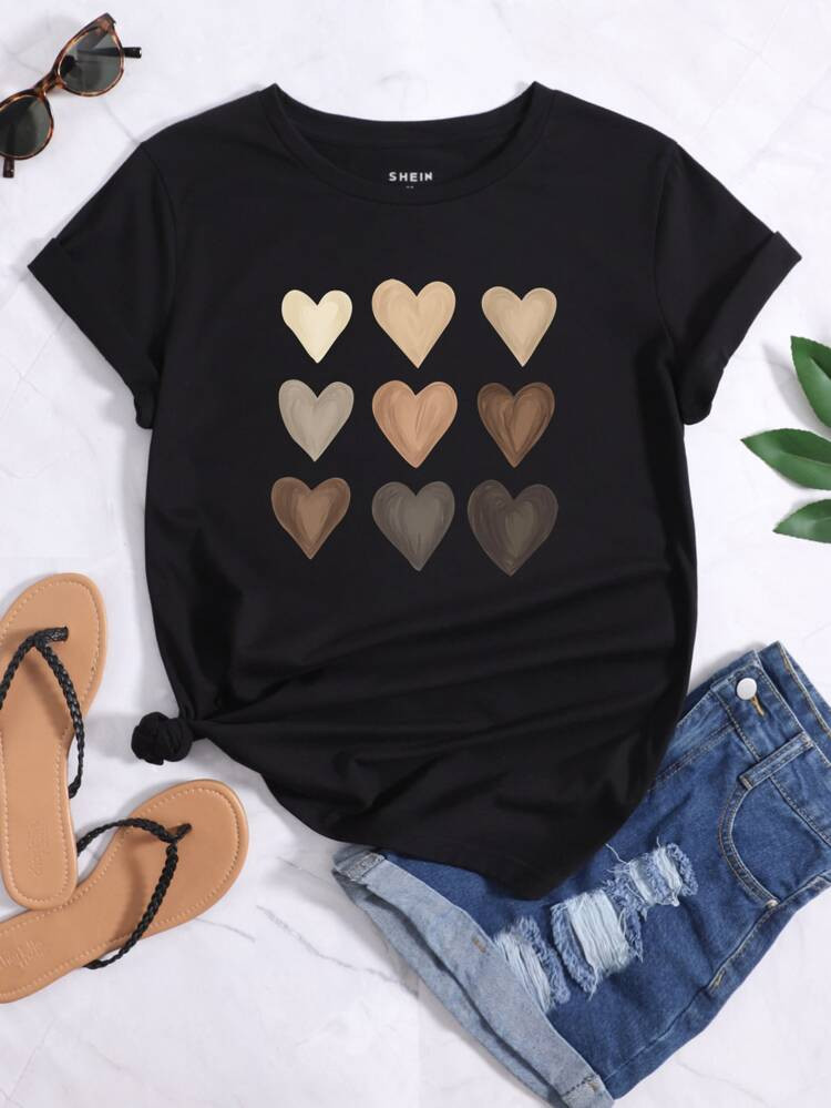 Heart Print Round Neck Tee | SHEIN